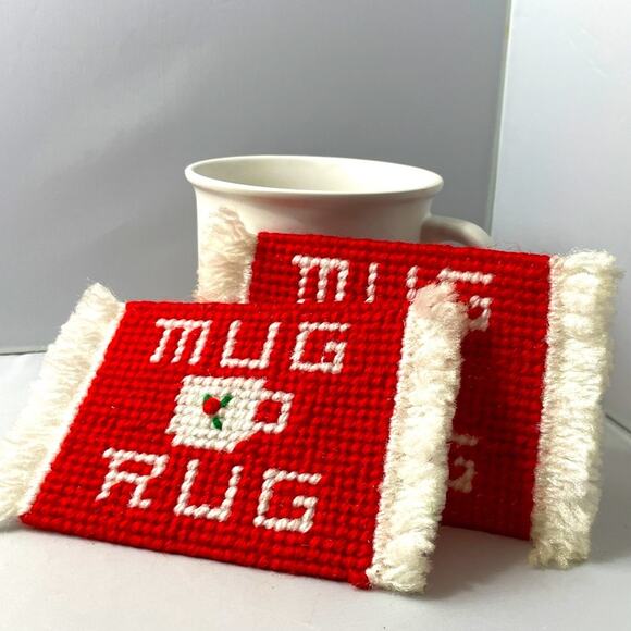 2 Vintage Mug Rug Coasters Hand Crafted of Red White Yarn‎ Retro Grandma Coaster - Picture 1 of 6